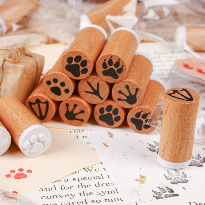 Juego de 3 Sellos con Huellas de Animales (Oso, Perro, Lobo, Gato) para Scrapbooking, Diario, Manualidades, Papelería Divertida y DIY