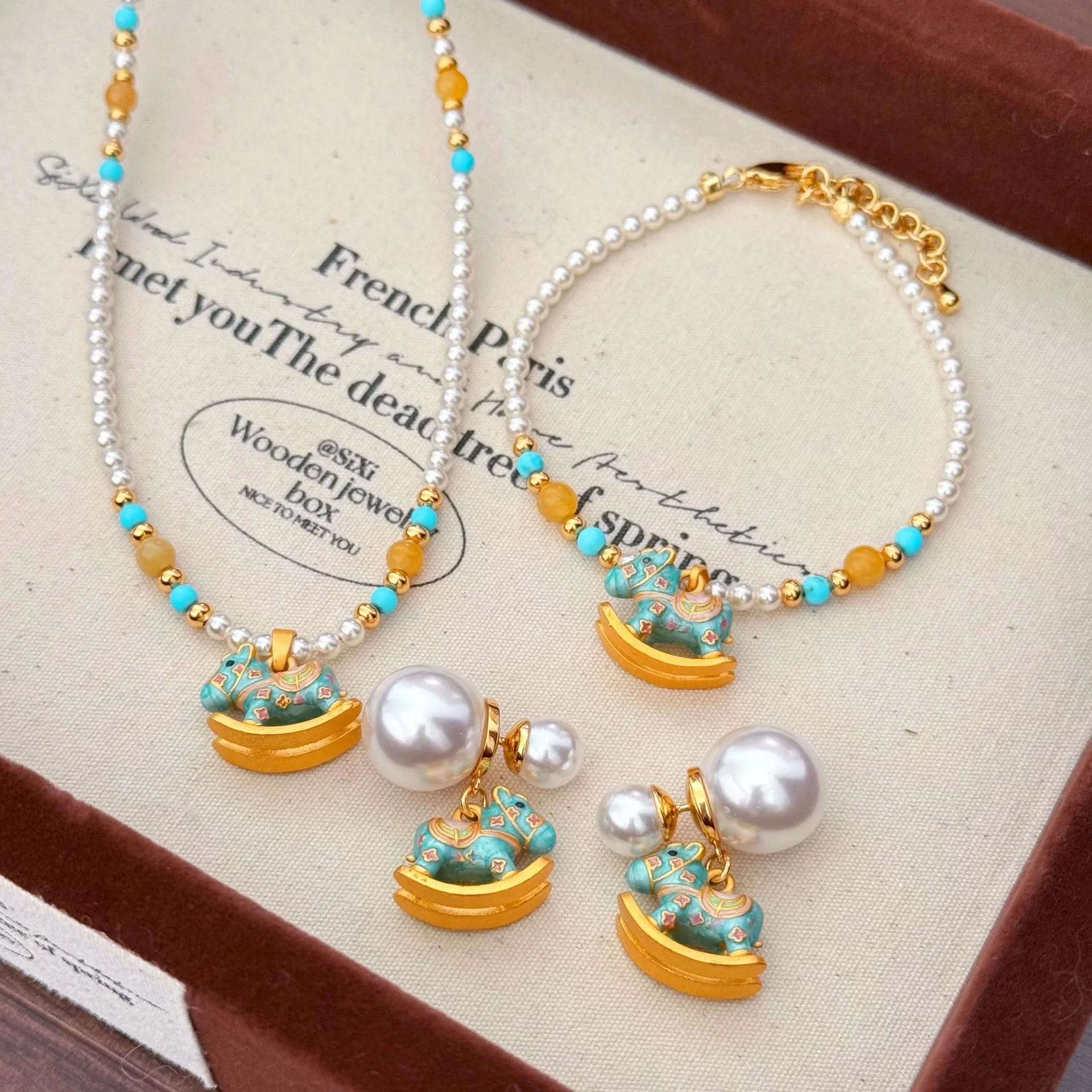 

Fashion Purple Oil-Drop Trojan Horse Pearl Necklace Light Luxury Temperament Versatile Clavicle Chain Earrings Bracelet Set