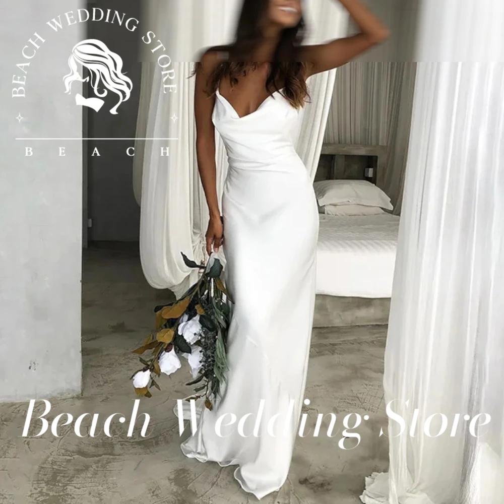 Robe de mariée de plage en satin uni, élégante, style bohème, col bénitier, drapée, dos découpé, avec traîne