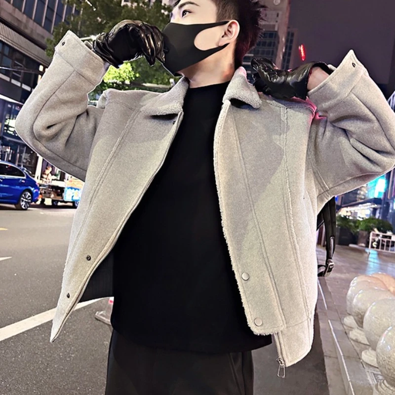 

Autumn Winter Thick Woolen Jacket for Men Korean Lapel Casual Woolen Blend Jackets Streetwear Social Windproof Coat Men Clothing