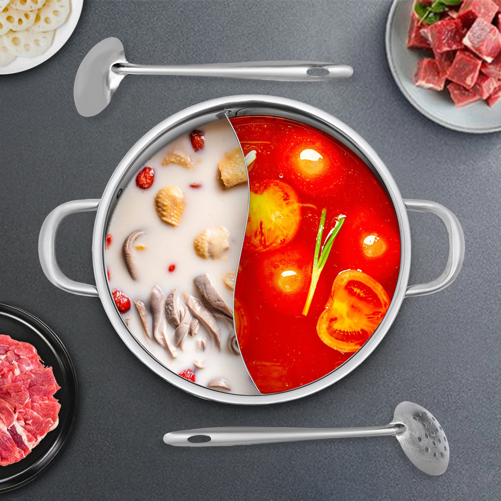 

304 Stainless Steel Hot Pot with Divider, Pot with Glass Lid, Hot Pot with Spoon/ Leaky Spoon