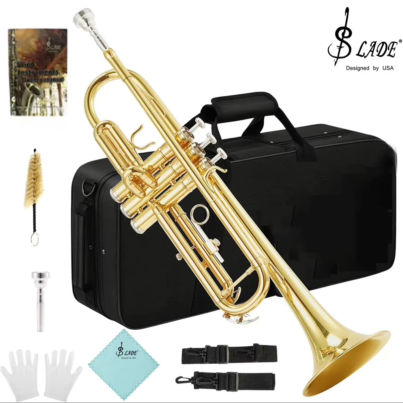 SLADE Bb Standard Gold Trumpet Set Brass Trumpet for Beginners Student Trumpet Instrument with Hard Shell 7C Blower Gloves Parts