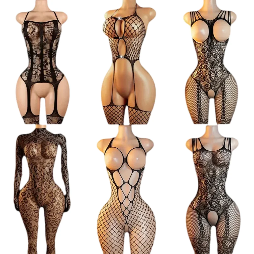 Set di un pezzo per il sesso adulto porno gioca lingerie audace crotchless calze per il corpo donne sensuale biancheria intima tuta erotica petto aperto