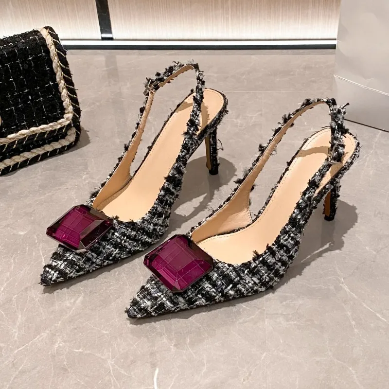 

New Summer Women's High Heels Color Matching Plush Cloth Rhinestone Shallow Plush One-line Pointed Toe Sling Back Shoes