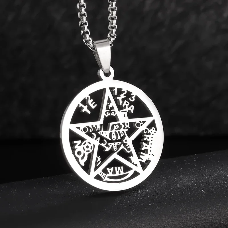 Jewish Hebrew Tetragrammaton Wicca Pentagram Pendant Stainless Steel Necklace for Men Women Religious Amulet Jewelry