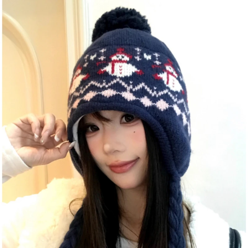 اليابانية معرض جزيرة نمط ثلج الجاكار الأذن البلوز قبعة قبعة للنساء الخريف والشتاء سميكة الدافئة الدانتيل متابعة قبعة متماسكة