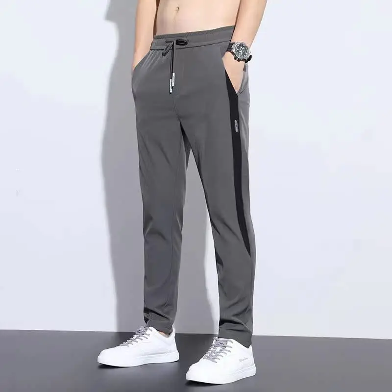 

Ice Silk Men's Casual Wide Leg Sports Pants Summer Thin New Faion Loose Elastic Straight Cut Anti-Wrinkle Polyester Fiber