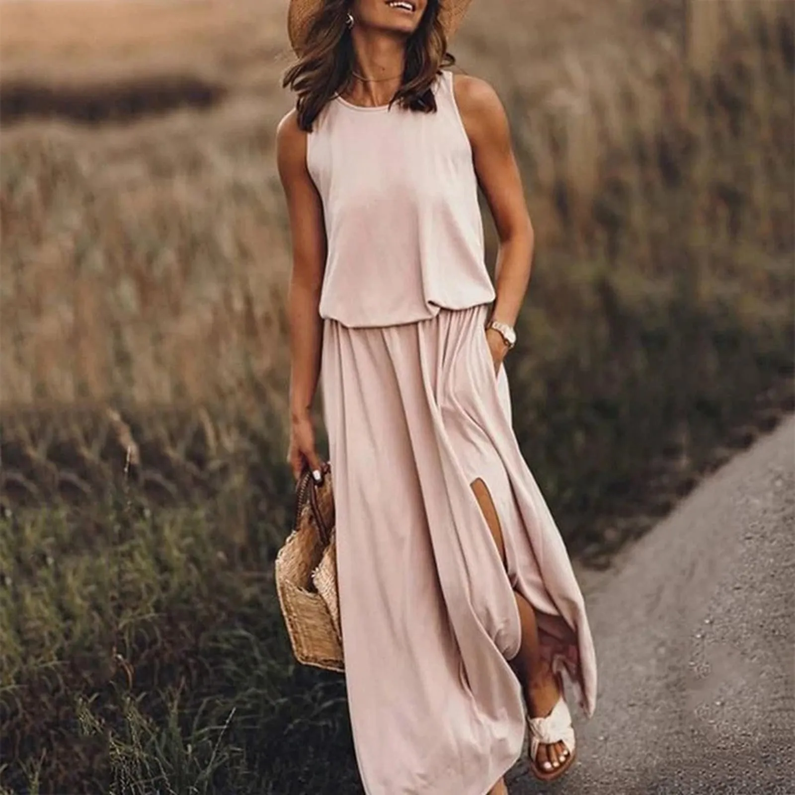 

Dresses Ladies 2024 Summer Long Dresses For Women Round Neck Sleeveless Dress Split Solid Casual Commuter Dress Summer Beachwear