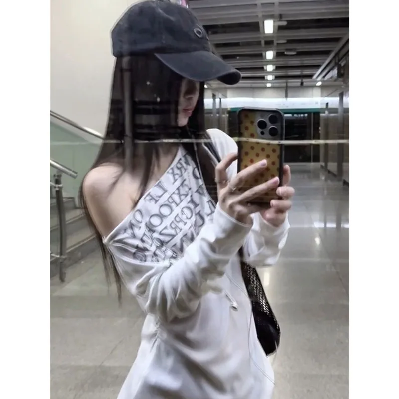 White Off Shoulder Letter Printing Long Sleeve T-shirts Women American Sexy Thin Waist Tops Y2k Aesthetic Casual Tees