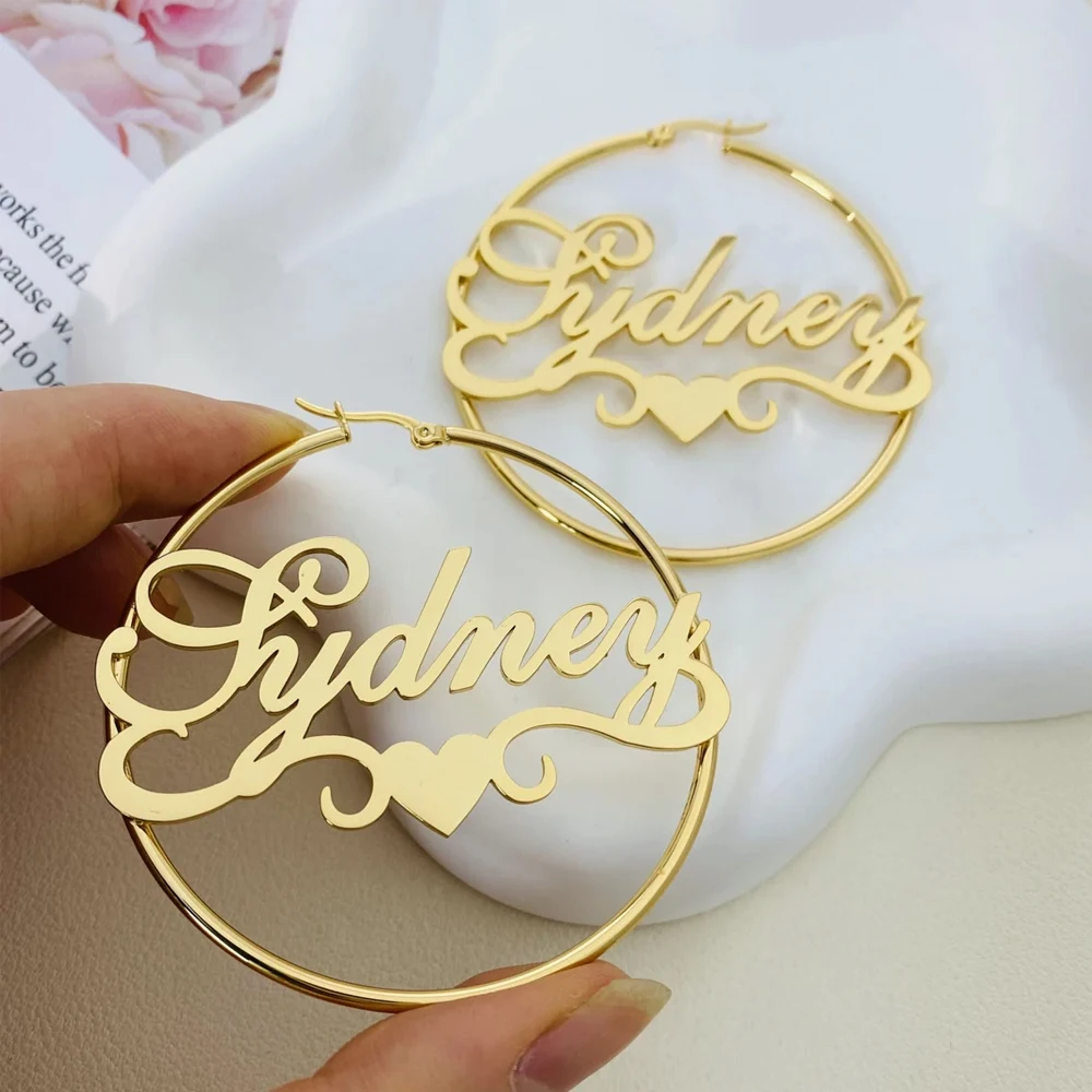 Haiyufly Personalized Custom Name Earring for Women Girls Heart Hoop Earrings Stainless Steel Mother Kids Christmas Jewelry Gift