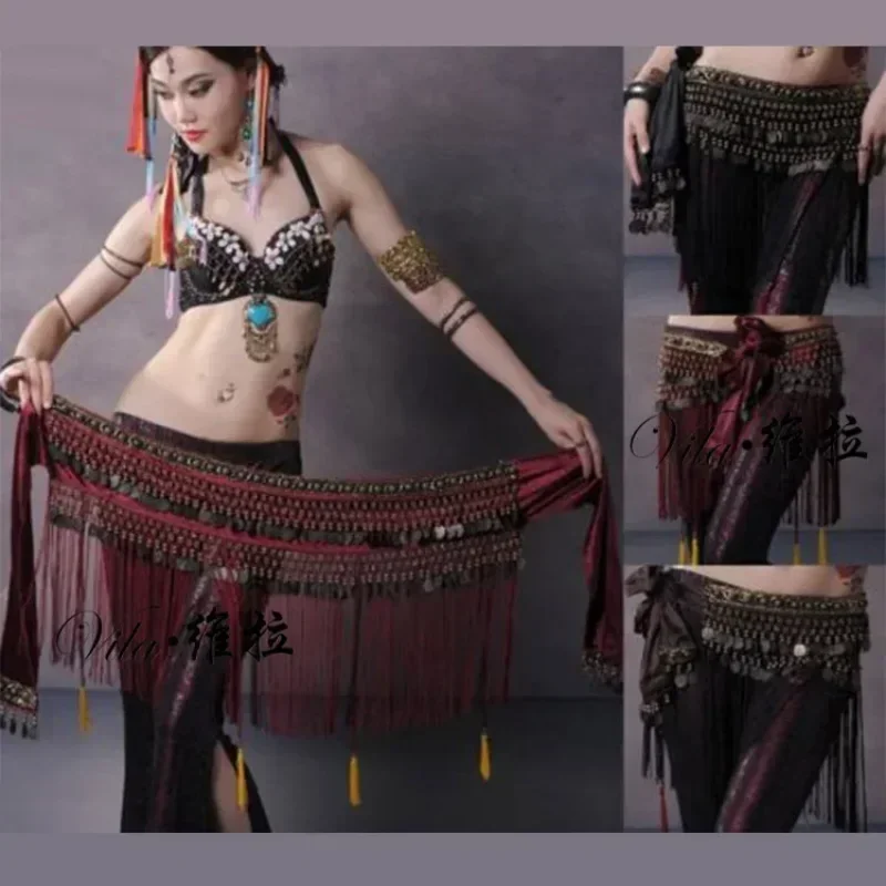 New belly dance hip scarf coin belt tribal clothing tassel tassel belt copper belly dance waist tribal design tapered belt