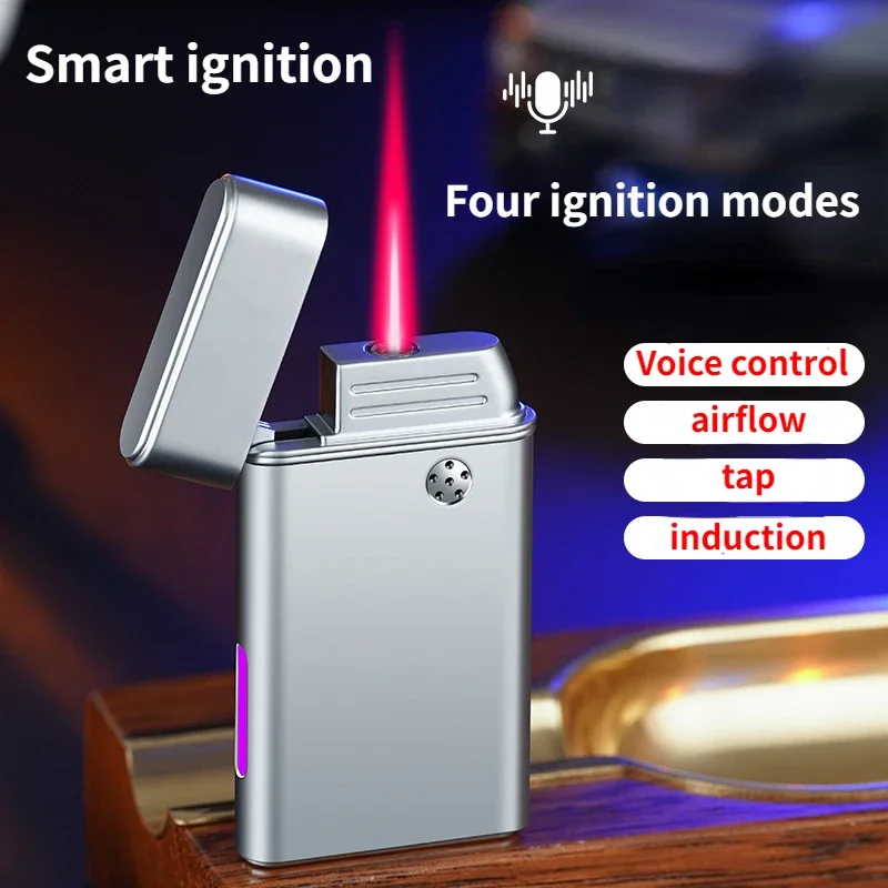 

New Metal Smart Induction Voice-controlled Windproof Lighter Inflatable Red Flame Straight Into Men's Gift Cigarette Accessories