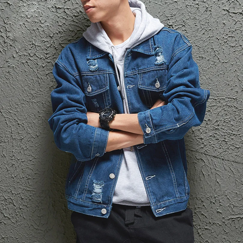 

Mens 2023 Fashion Denim Jackets Slim Fit Mens Jeans Jacket Cotton Outwear Coat Long Sleeve Hole Male Clothing Casual