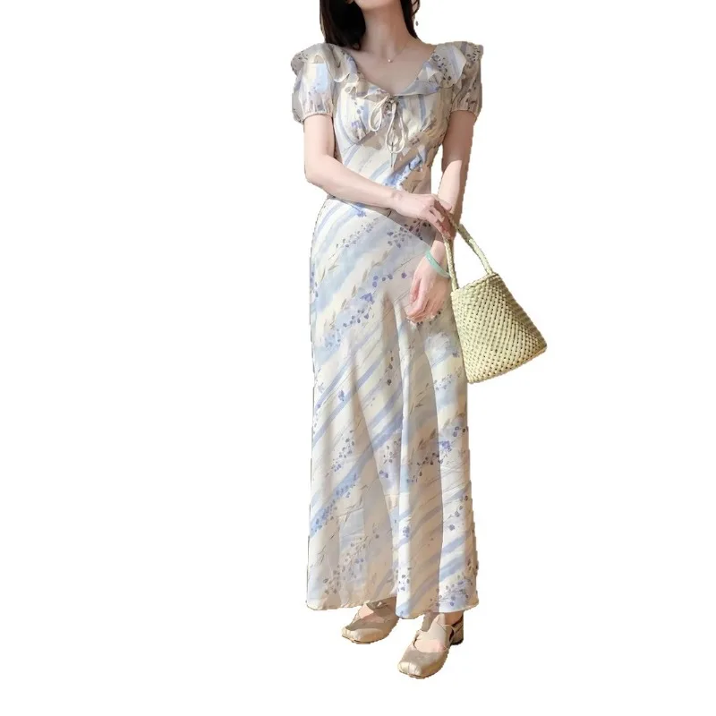 

2025 New Summer Long French Style Asymmetrical Cut Dress Fashion Women Flower Print Collar Elegant V Neck Knee Length Maxi Dress