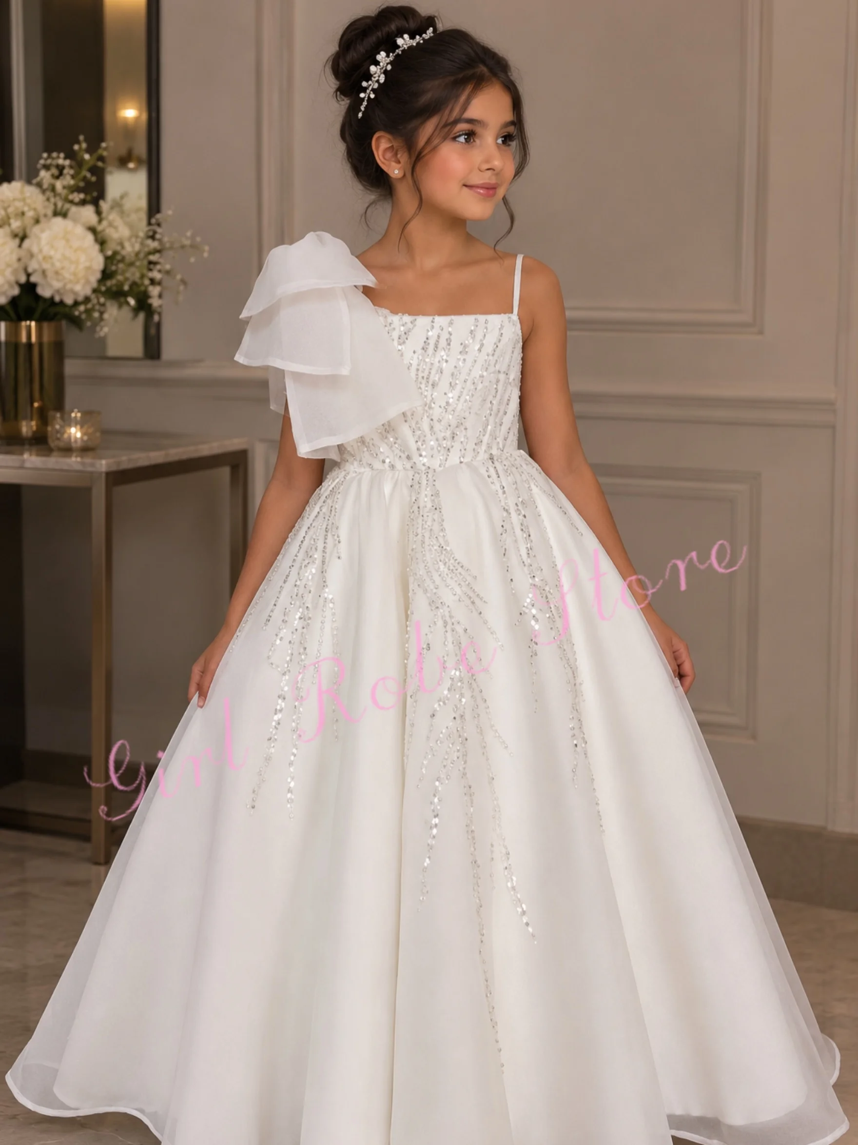 Customized Elegant Flower Girl Dress For Wedding Sequins Floor Length With Bow Princess First Communion Bridesmaid Banquet Gown