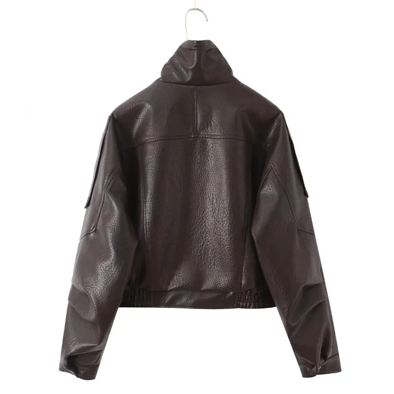 Stand-up Collar Short PU Leather Jacket with Cinched Waist Solid Color Motorcycle Coat New Autumn Fashion Women's Relaxation Top