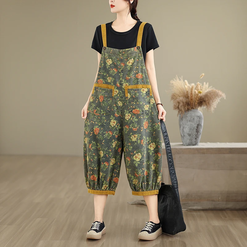 Mode Druck Floral Y2K Denim Overalls Frau Sommer Streetwear Fracht Breite Bein Baggy Hosen Patchwork Mom Jeans Overalls Frauen