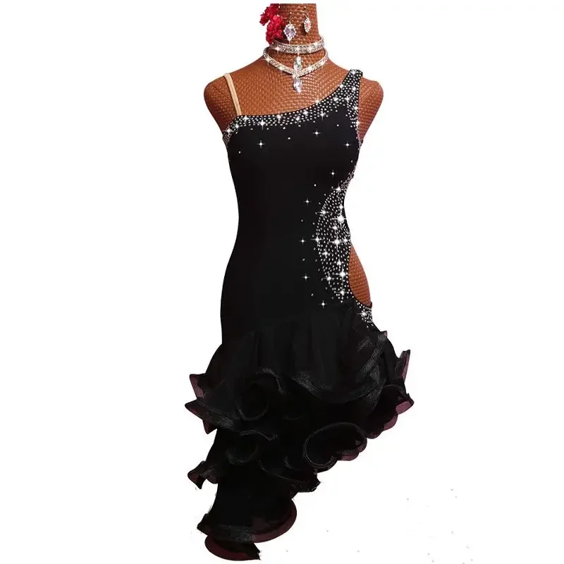 Vestido de dança latina feminino, saia de competição, borla preta personalizada, tecido elástico sexy, adulto, novo, verão