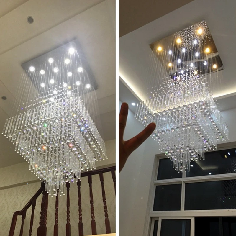 

Modern LED K9 Crystal Ceiling Chandelier Living Room Staircase Lamp Mall Hotel Chrome Hanging Square Pendant Light