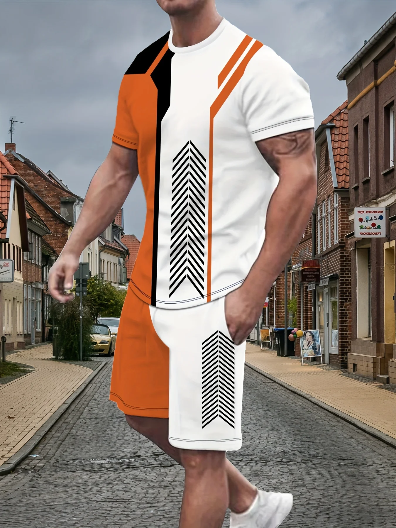 Men's Outfit, Arrows Pattern Casual Crew Neck Short Sleeve T-Shirt & Shorts 2-piece Set For Summer Outdoor Activities Clothing