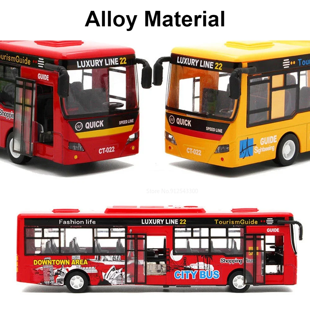 1:30 City Tour Bus Model Car Toy Pull Back Sound Light 2 Doors Opened Metal Diecast Vehicle Models Toys Collection Kids Gifts