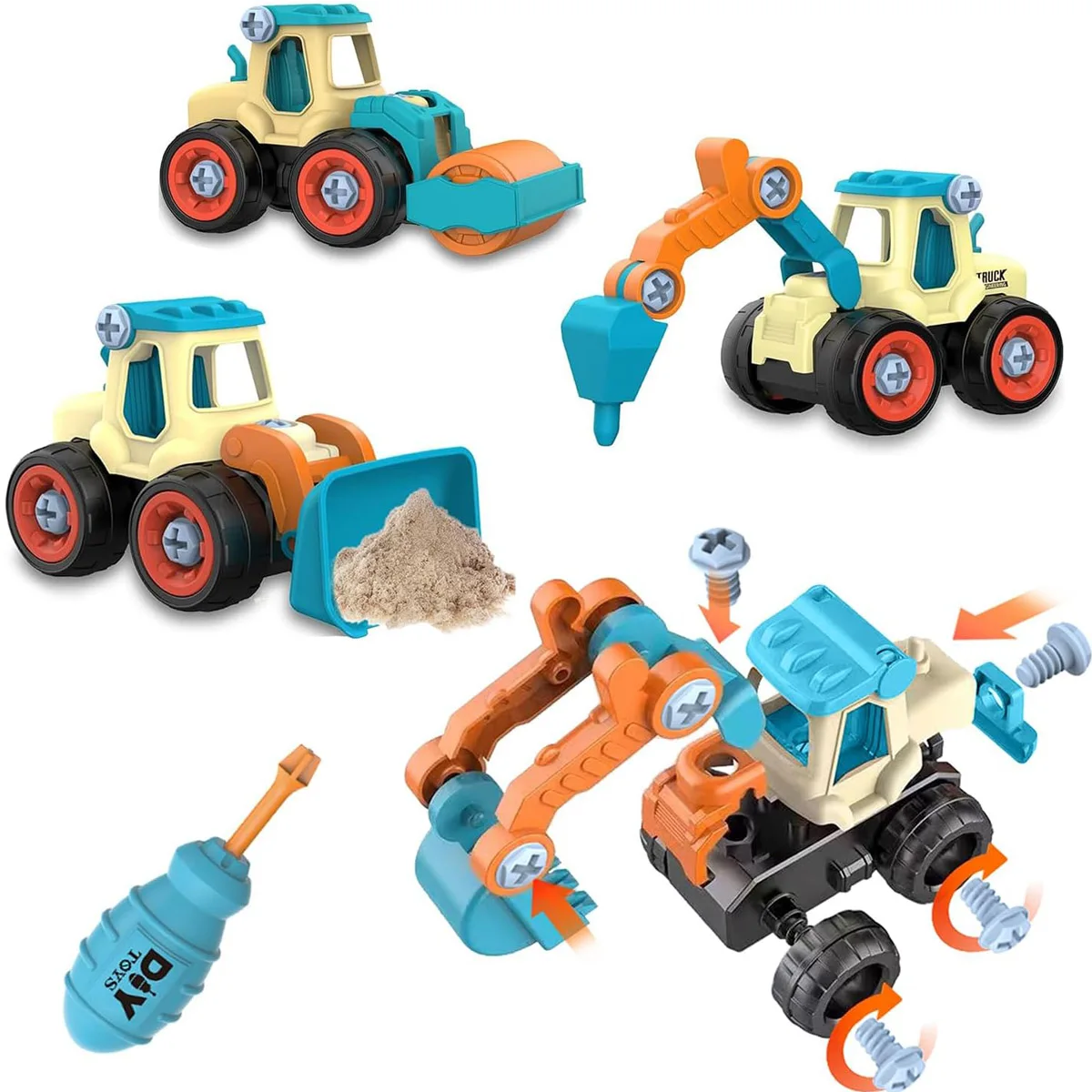 

4-piece DIY Construction Vehicle Toy Set - Creative Puzzle Assembly Kit with Random Color Cars and Screwdrivers, Perfect Birthda