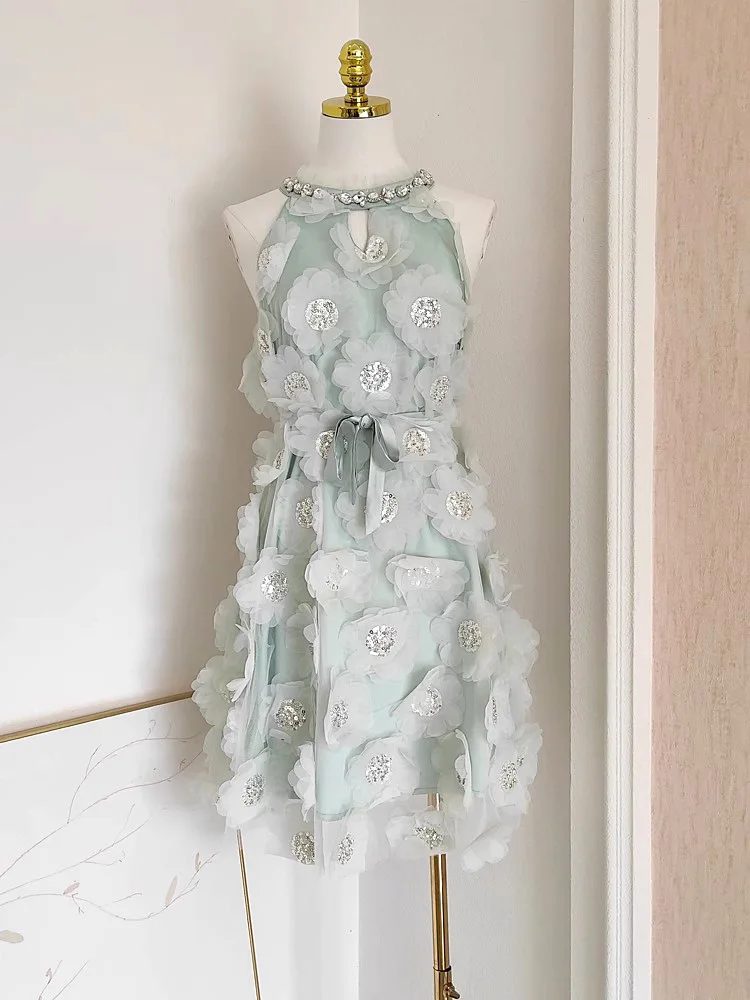 Uni vestido de festa de luxo de alta qualidade feminino halter sem mangas com zíper design faixas de cetim 3d floral lantejoulas vestido de noite