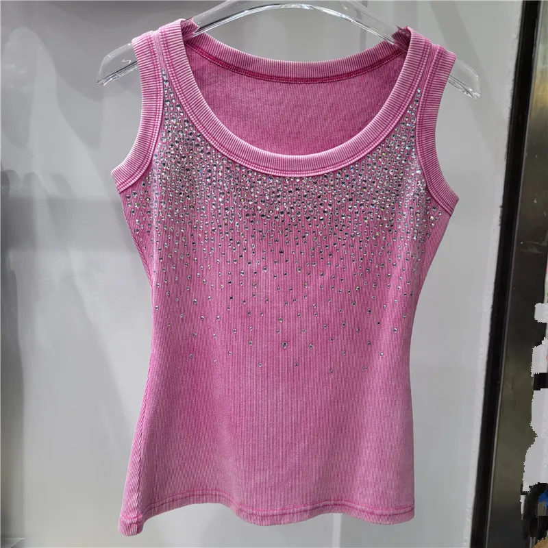 

Heavy Industry Old Hot Diamond Round Neck Sleeveless T-shirt Women's Summer New Versatile and Thin Elastic Bottoming Top, Tank