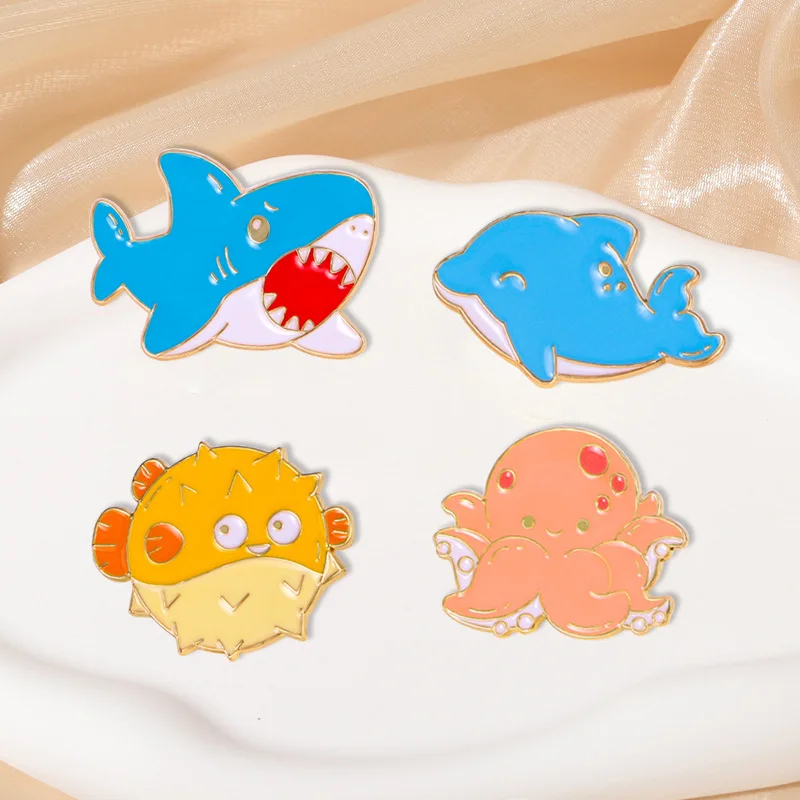 Cute cartoon sea creature pin octopus shark whale puffer fish badge clothes bag hat pin