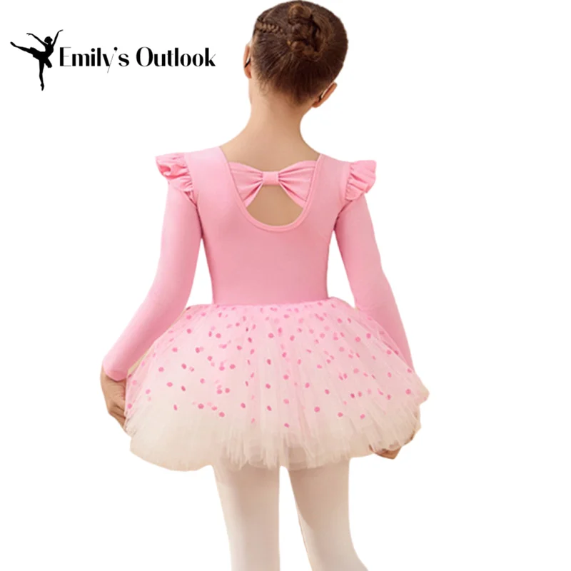 

Балетное трико для девочек, платье для малышей, танцевальный наряд с длинными рукавами и бантом на спине со съемной пышной юбкой-пачкой в горошек, балерина, Корея