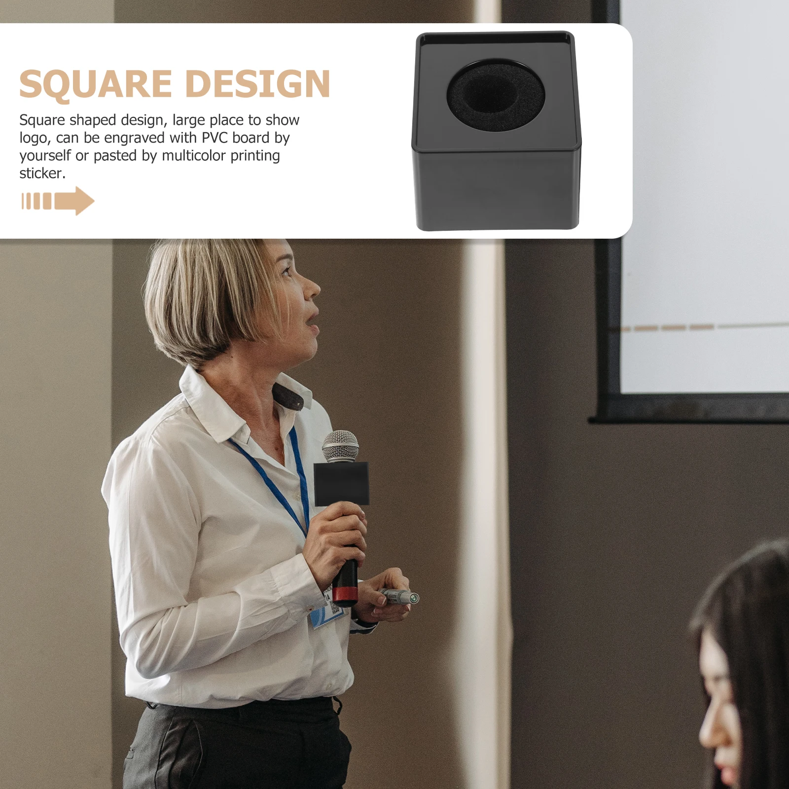 

Portable Abs Interview Mic Logo Station Square Shaped Black 7X7X5.1Cm 3.9Cm Hole Adjustable Cotton Engraved Pvc Sticker