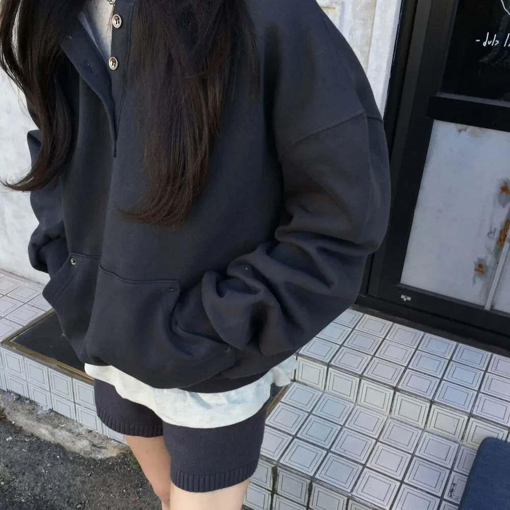 Moletom chique com capuz feminino Faion início da primavera design f botão Ne cor pura casual Fce Long Sve Top