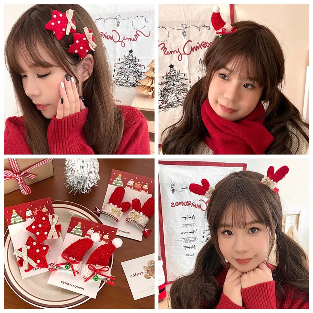 Christmas Plush Pearl Red Gloves Hats Star Hair Clip Party Cosplay Costume Korean Women Girls Bar Hairpin Party Gift Kids