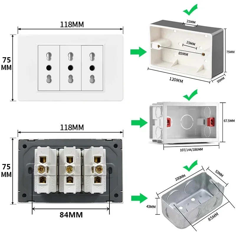 Italy Chile  Standard Outlet with USB Smart Type-c 20W Fast Charging, Dual USB Wall Socket Chile Plug Plastic Panel Light Switch