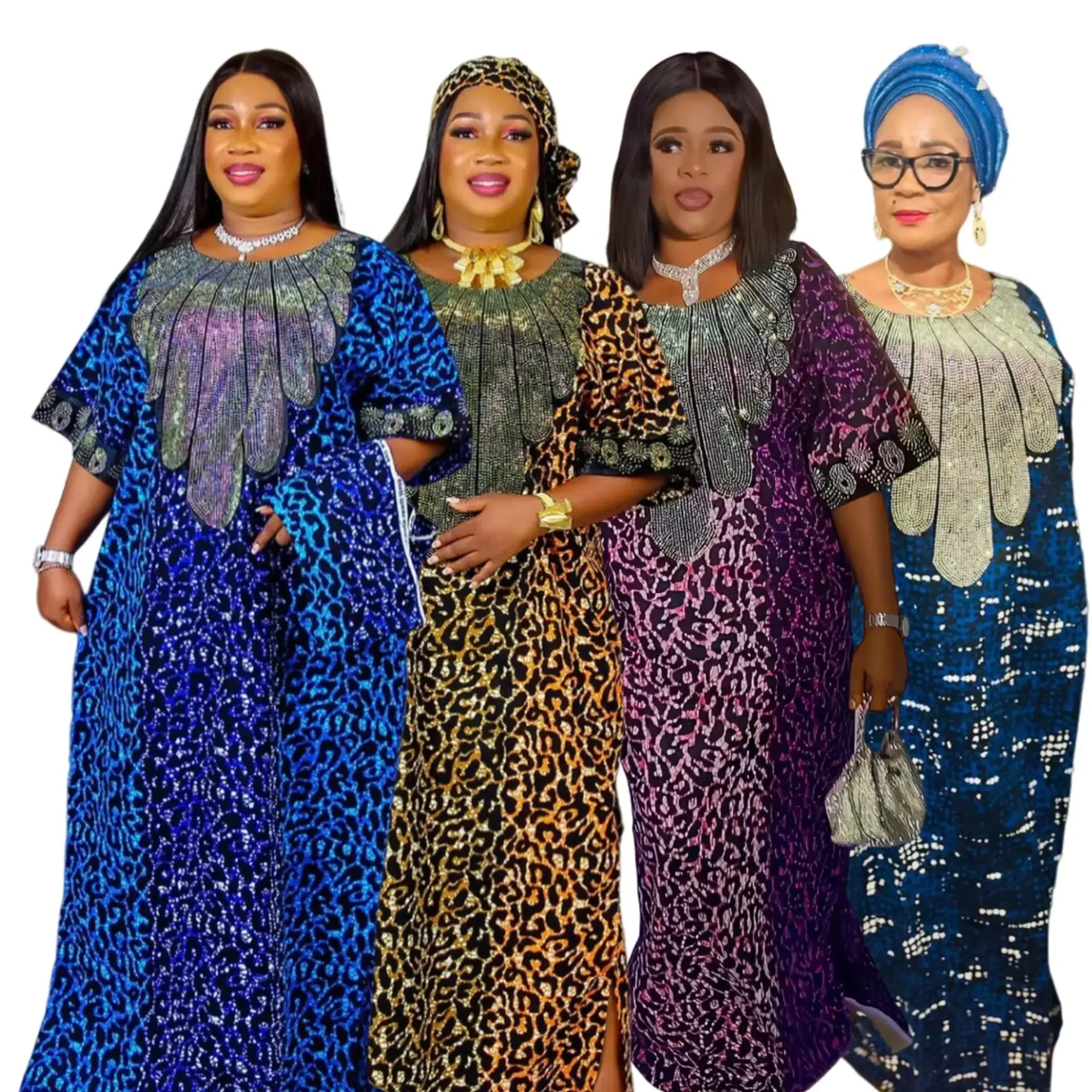 

African Clothing for Women: Sequin Leopard Print Robe with Headscarf and Loose Fit