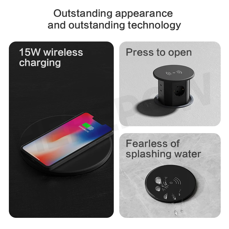 HerePow Desktop Socket 15W Wireless Charging, Type-C Multi-Functional Embedded EU, US, UK, Thai, Brazilian and Israel Standards