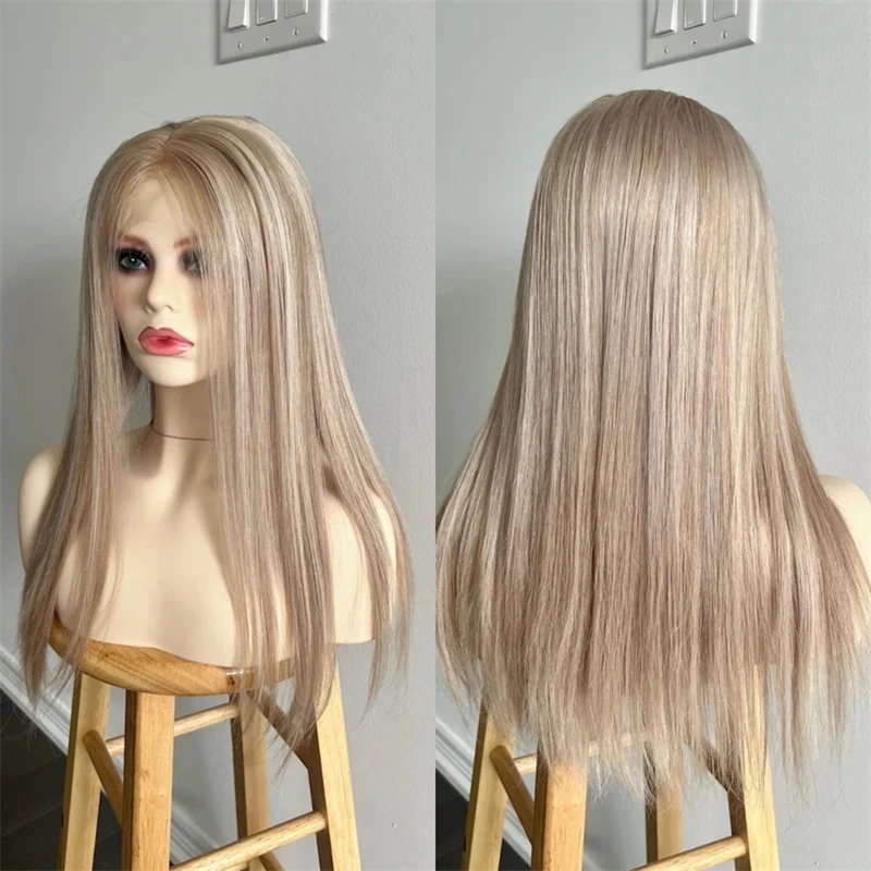 شعري طبيعي مقطّع مسبقًا 13x4 أشقر رمادي مع أشقر بلاتيني Balayage شعر مستعار صناعي بدون صمغ عالي الدقة بدانتيل أمامي متوسط الحجم
