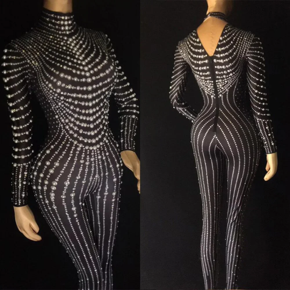 Combinaison de luxe noire à strass pour femmes, Costume de perles, body de danse sur scène, fête, discothèque, Jazz Dj, barboteuse