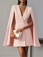 Women Fashion Commuter Solid Blazers Dress Office Double Breasted Waist Party Dress Elegant V-neck Shawl Cape Sleeve Midi Dress - Image 6