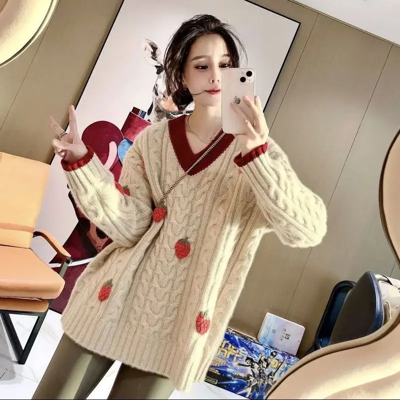 Preppy Style V-neck Thick Sweater Women Autumn Winter Vintage Long Sleeve Knitwear Simplicity Sweet All-match Knitting Tops