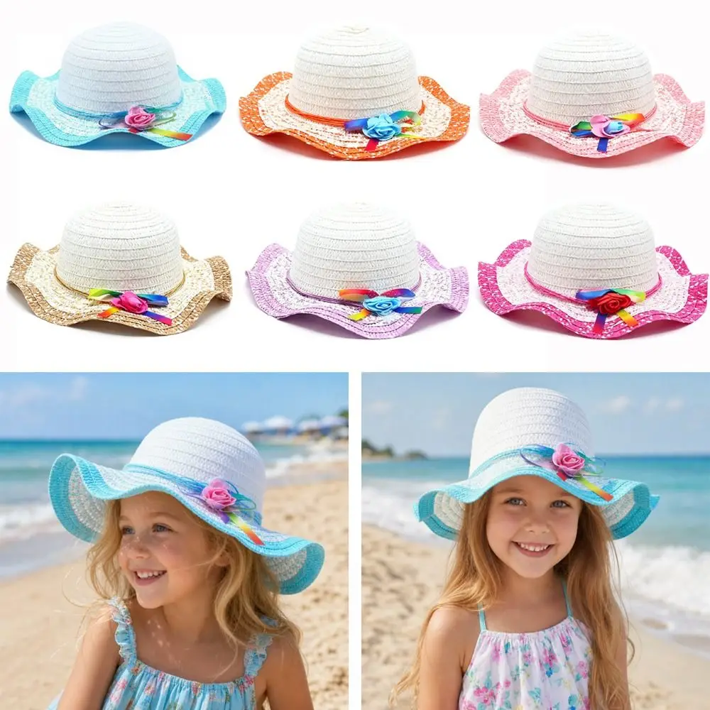 

Sweet Handmade Straw Hat Flower Decoration 3-7Year Beach Hat Wide Brim Sun Visor Beach