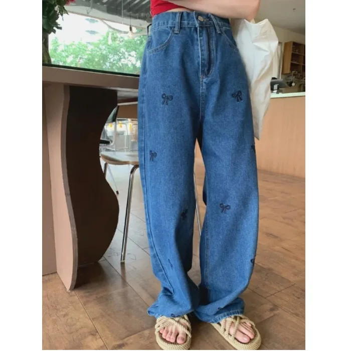 High Waist Elastic Wide Leg Denim Pants  Knot Embroidery Casual Style High Waist Cotton Material Four Seasons Wear