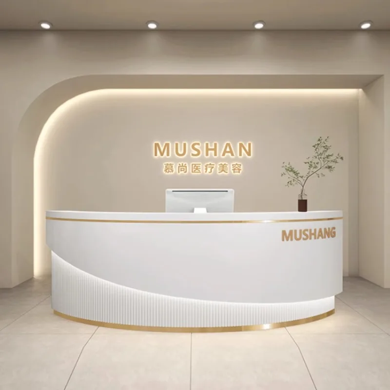 ديكور مكتب الاستقبال الحديث، مكتب الاستقبال، عيادة، مكاتب الاستقبال البيضاء المقوسة، صالون التجميل، أثاث Mostrador De Tienda #3