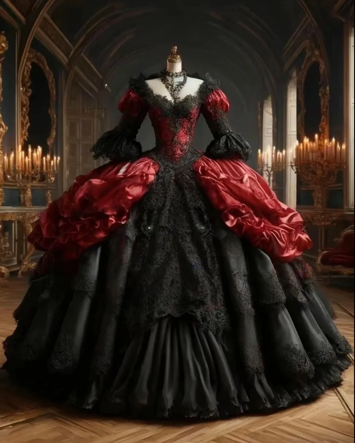 Gothic Black And Red Wedding Dress Flare Sleeves Ruffle Ruched Ball Gown Masquerade Dress Customized Vintage Prom Vestidos