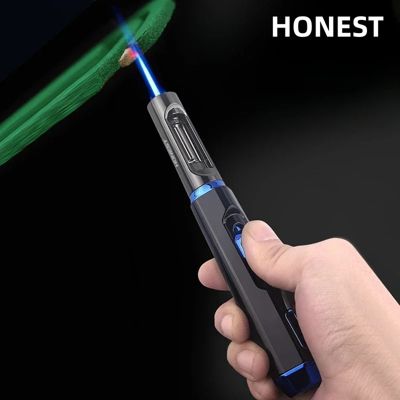 Nouveau 2024 HONEST Briquet torche à gaz butane à flamme bleue, coupe-vent en métal, avec fenêtre de niveau de gaz visible, pour barbecue extérieur, cuisine et cigares