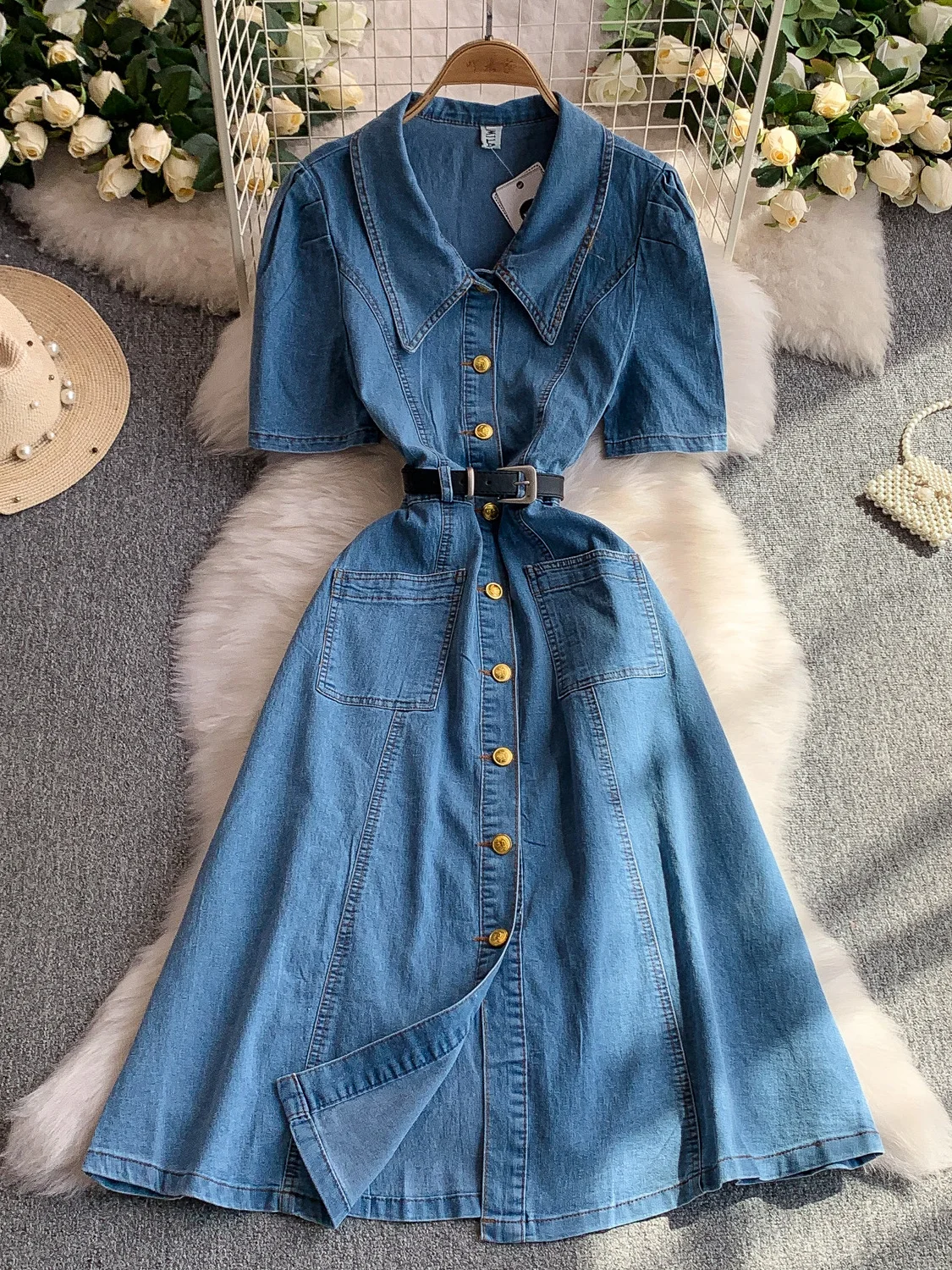 Retro Hong Kong Sle Blue Denim Dr Damen Sommer Metall Bule Schlankheitsgürtel Hohe Taille A-Linie Midi Dr Koreanische Sle