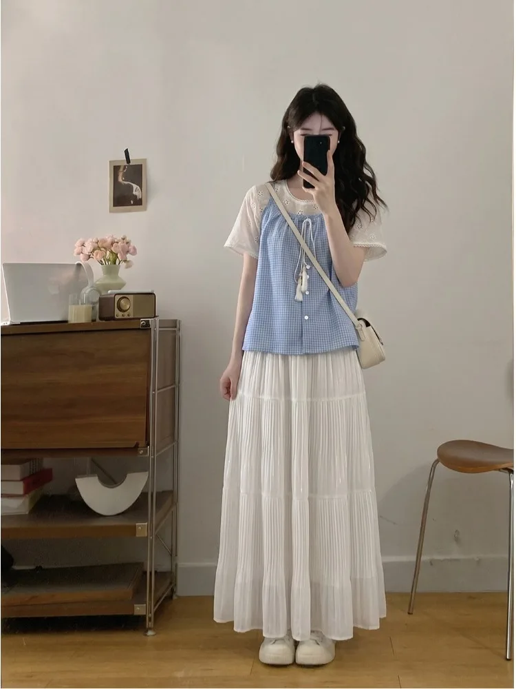 

plus Size Fashionable Embroidered Hollow out Shirt Top High Waist A-Line Skirt Set Summer New Style Korean Loose Fit