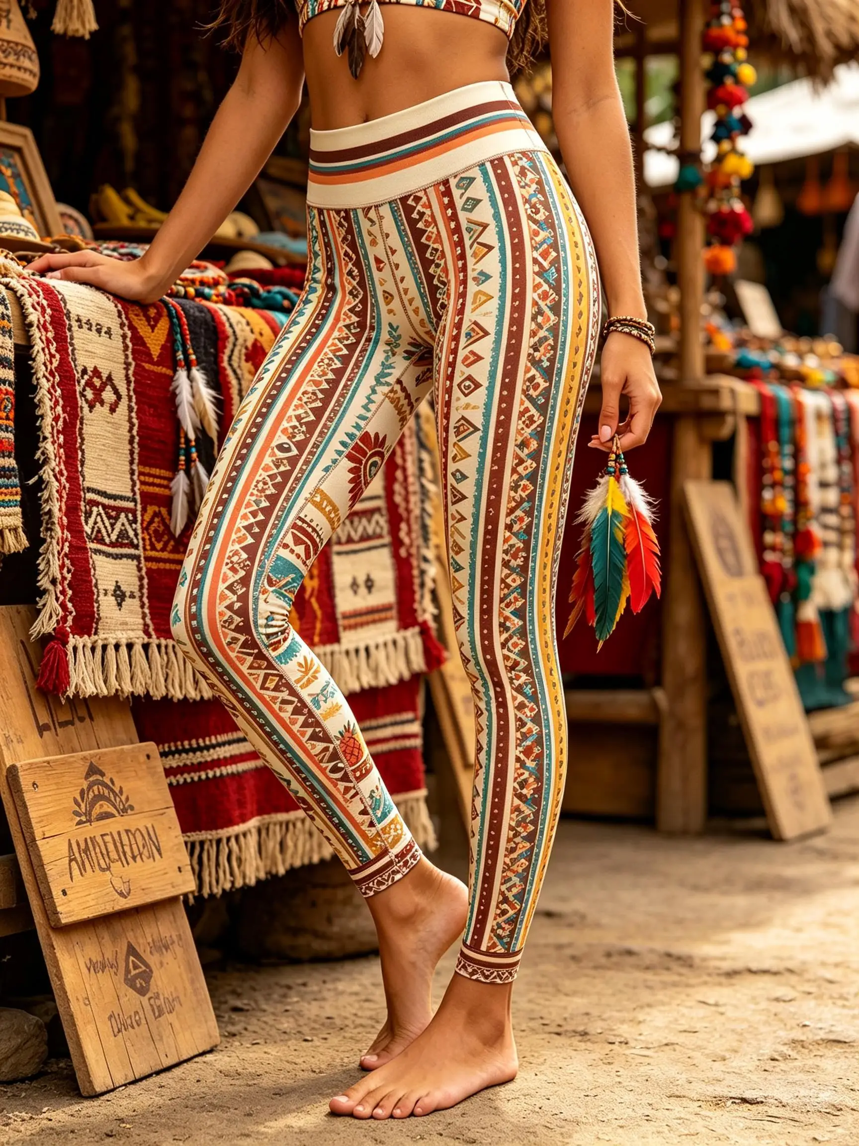 Women Fleece-Lined Mid-Rise Leggings Aztec Tribal Geometric Feather Print Slim Warm Pants