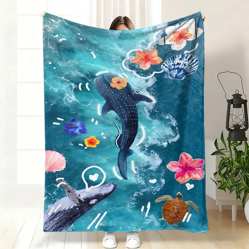 VIKAMA Marine Animal Blanket Sea Turtle Whale Jellyfish Pattern Flannel Throw Blanket Beach Camping Home Decor Gift