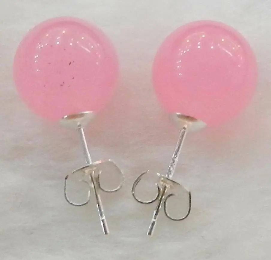 

Pretty 10mm Pink Jade Round Gems Beads Silver Stud Earrings Fashion Jewelry